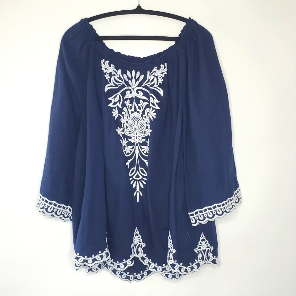 LINEN‎ Embroidered Plus Size Top 2X Kimono Sleeve Blouse Blue White Loose Boho